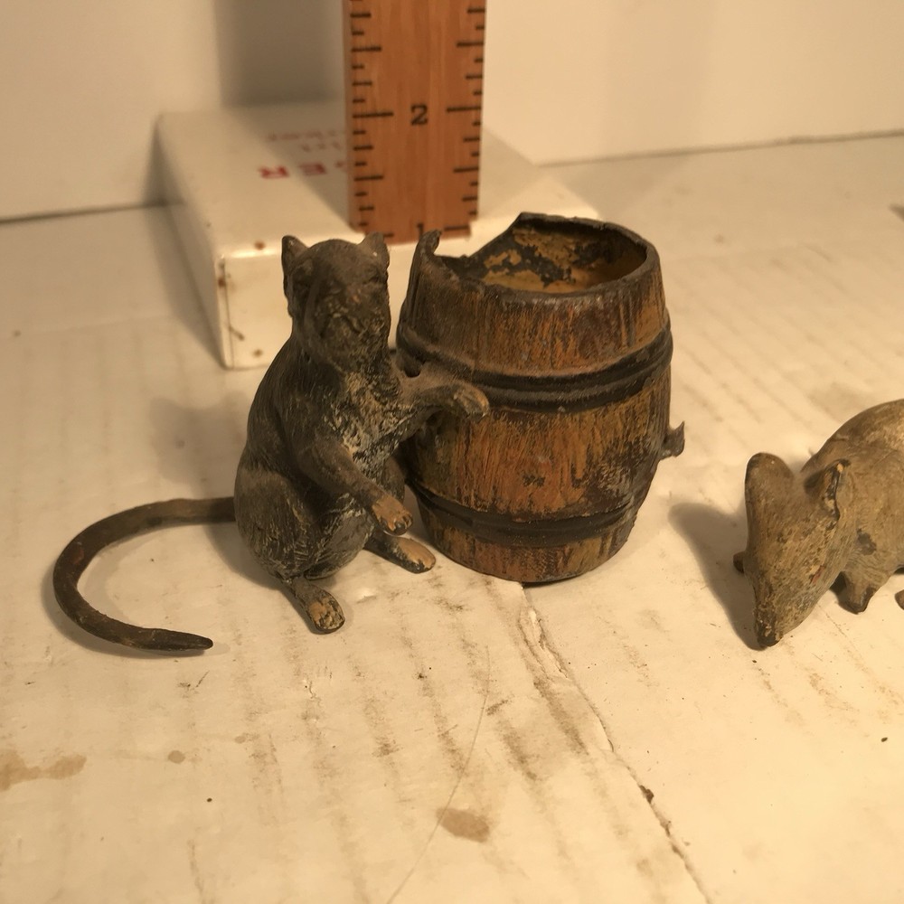 Antique Cast Iron Mice with Barrel Mouse Figurine