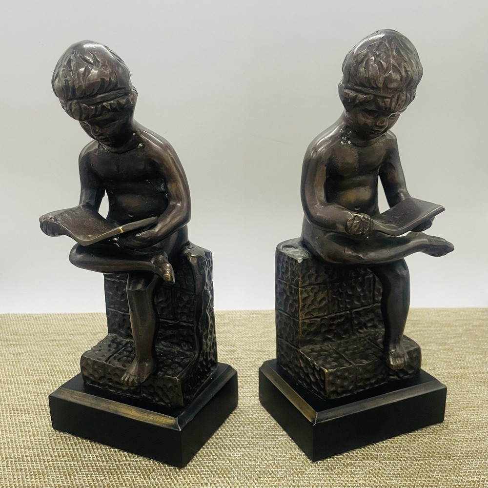 Vtg Bronze Boy Cherub Reading Book Bookends