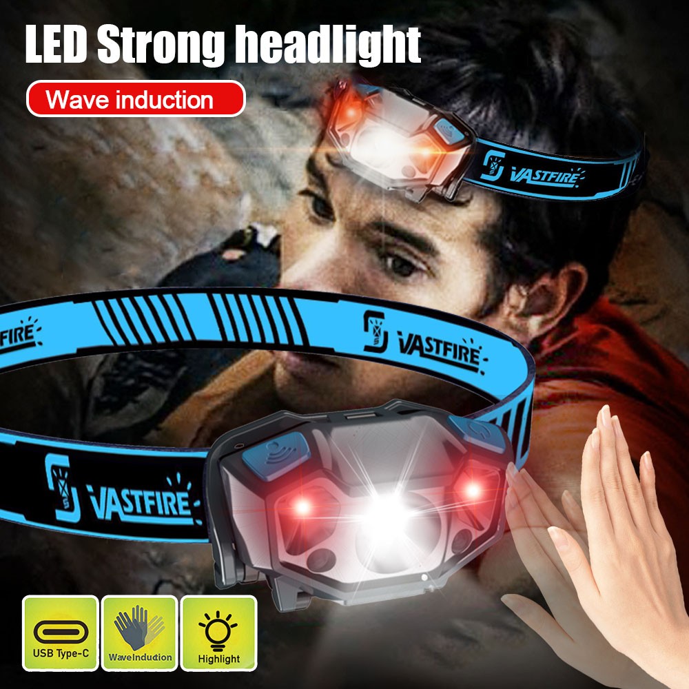 2 Pack Mini Strong LED Headlamp Wave Sensor Head Lamp USB Rechargeable Red Light