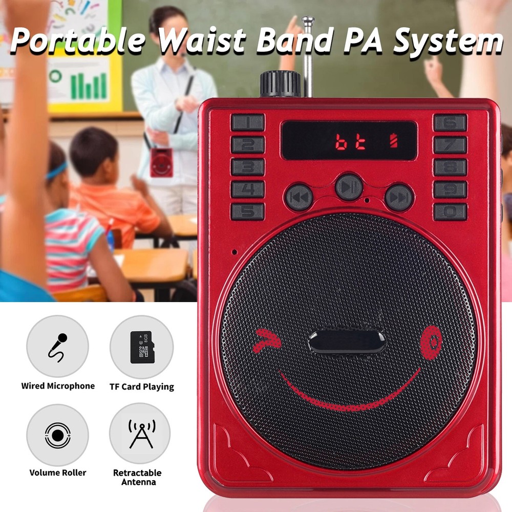 Portable Bluetooth PA System Headset Microphone Rechargeable USB Micro SD FM Red