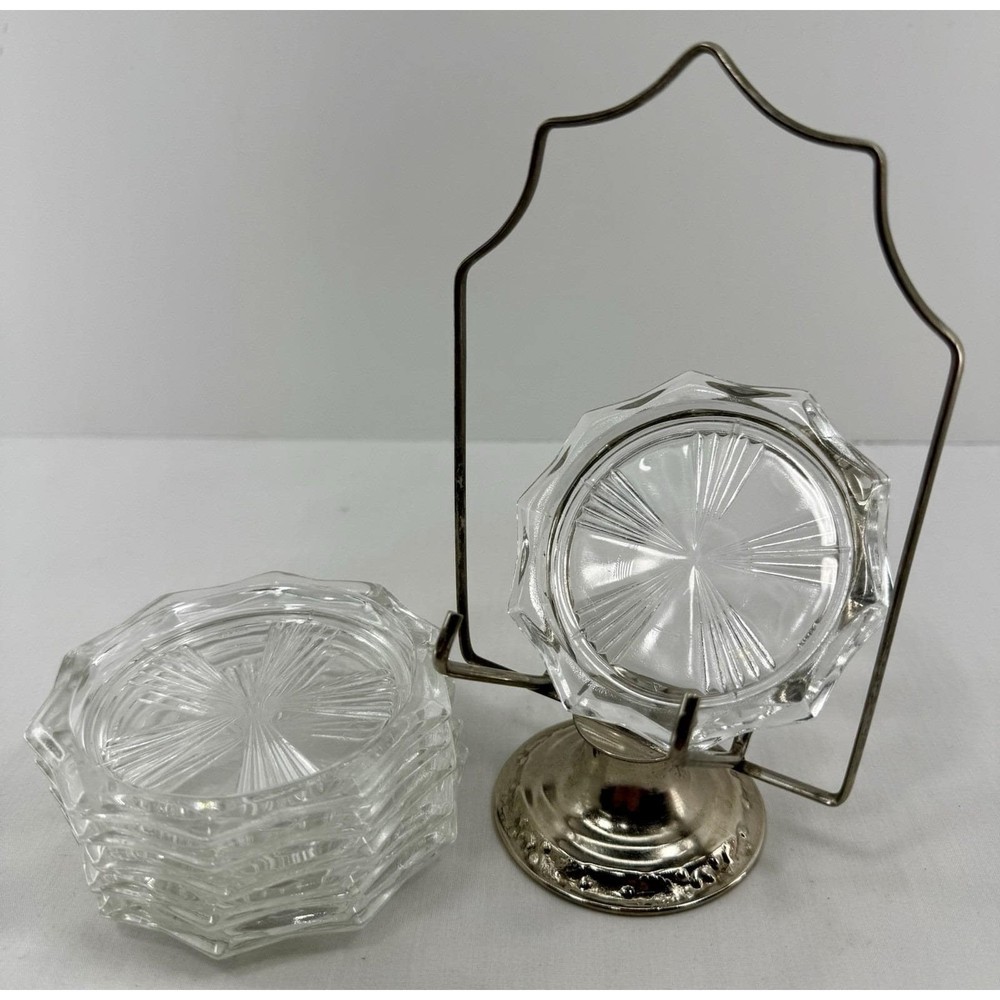 REIMS Coaster Set w/ Silver Plate Holder Pressed Glass Starburst Pattern Vintage