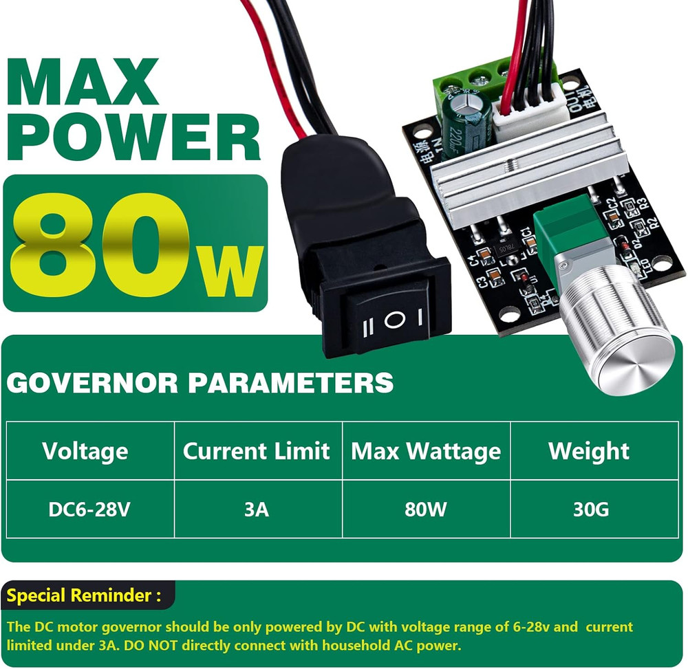 PWM DC Motor Speed Controller, 3A 80W, Reversible with Adjustable Knob