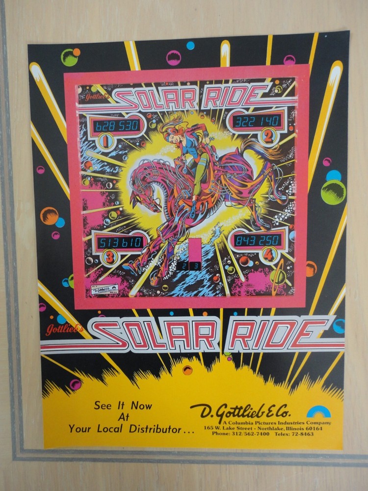 Solar Ride Pinball Machine Flyer Original Magazine Pull Out Advertisement