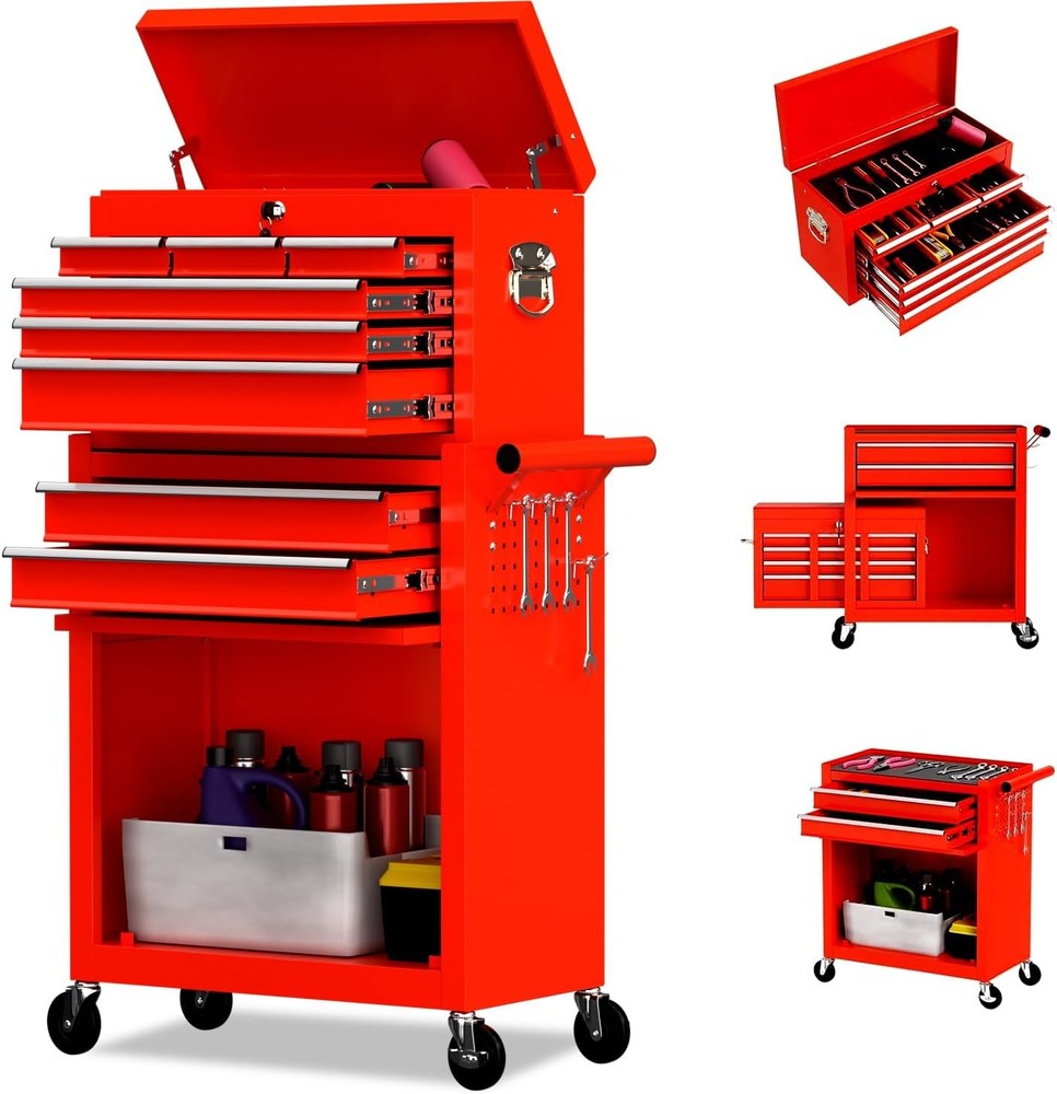 8 Drawer Rolling Tool Chest, High Capacity Tool Box w/ Lockable Wheels and Drawe