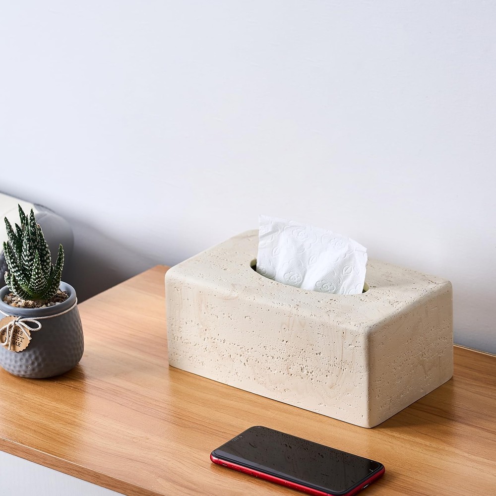 Natural Travertine Texture Resin Rectangular Tissue Box Cover, Standard Size
