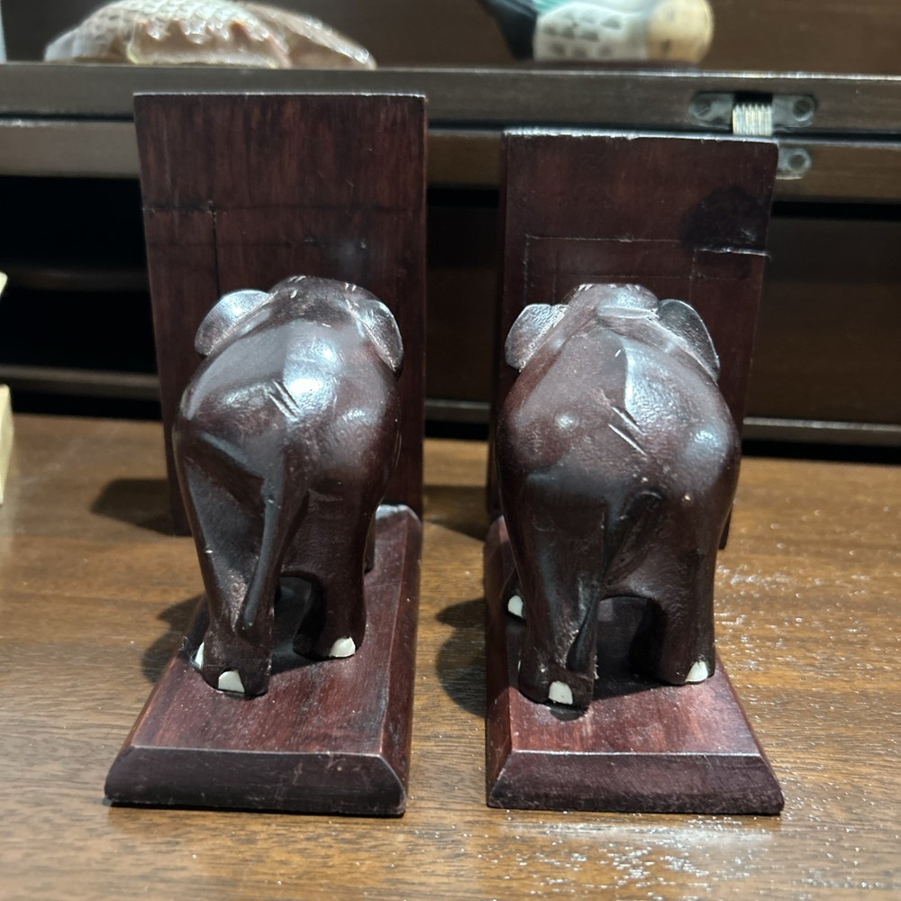 Pair Of Vintage Solid Wood Elephant Bookends