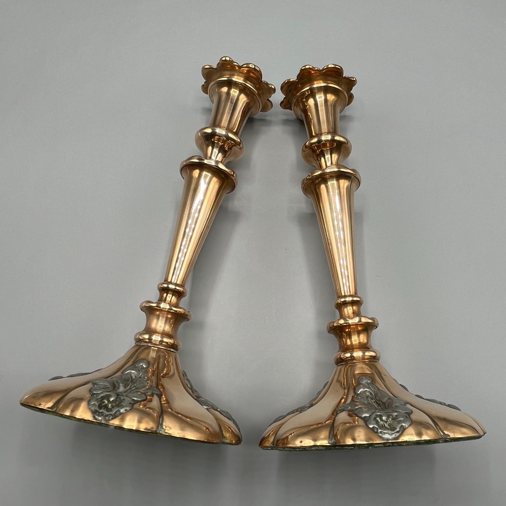 Pair Antique Victorian Silver Plated Copper Candlesticks Scalloped Base 19thC