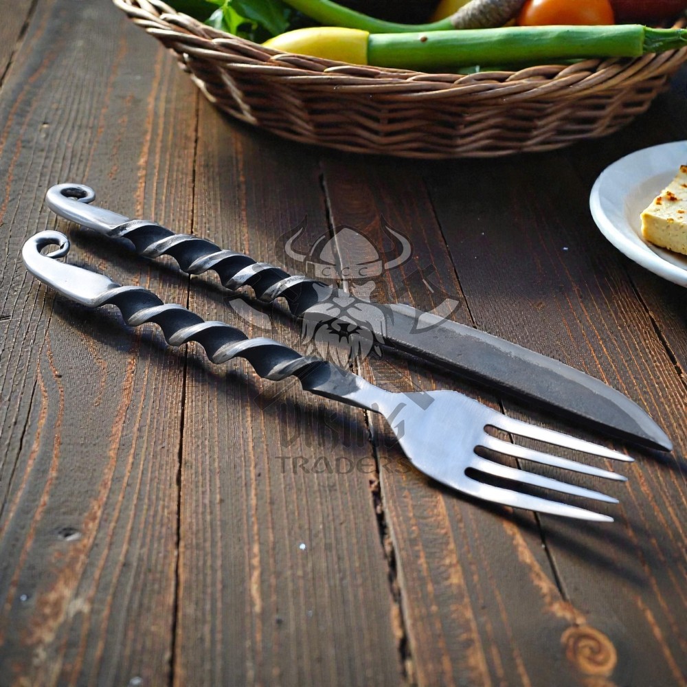 Hand Forged Medieval Iron Knife & Fork Set – Rustic Dining Cutlery