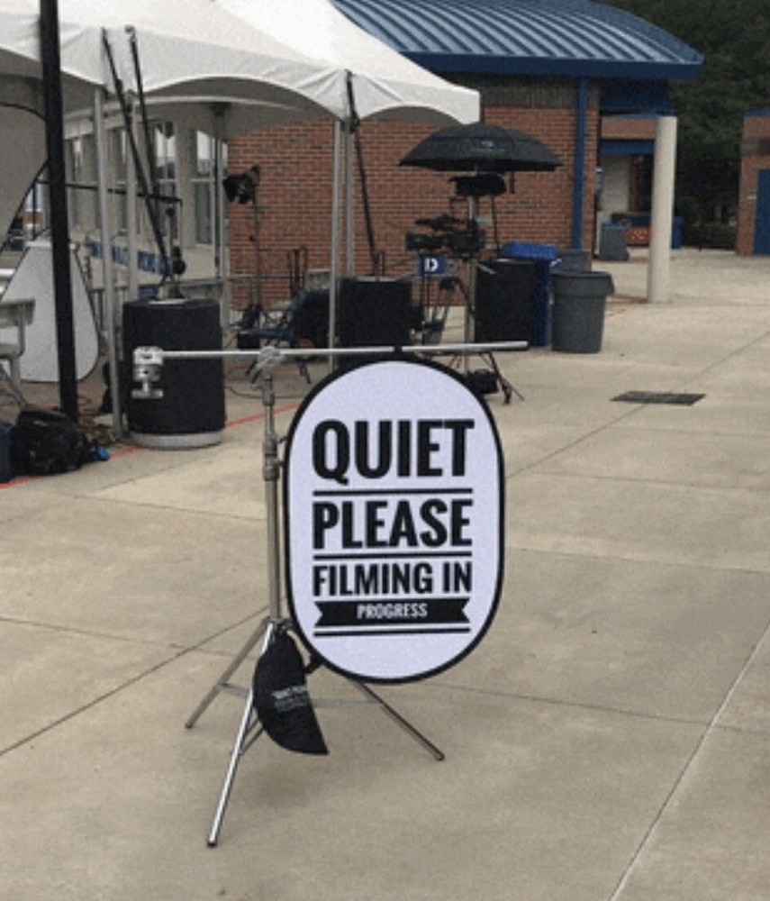 Large “Quiet Please Filming In Progress” sign