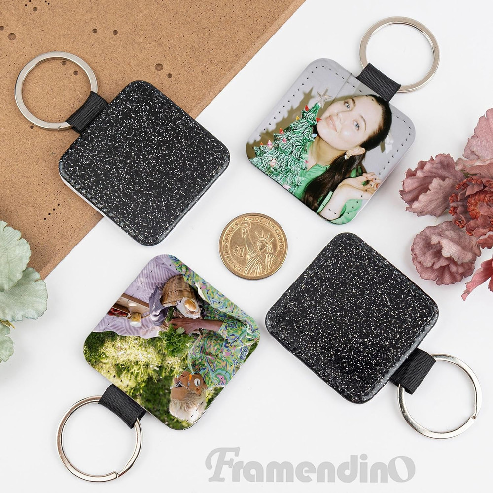 , 16 Pack Sublimation Blank Keychain Glitter PU Leather Square Rectangle Heat Tr