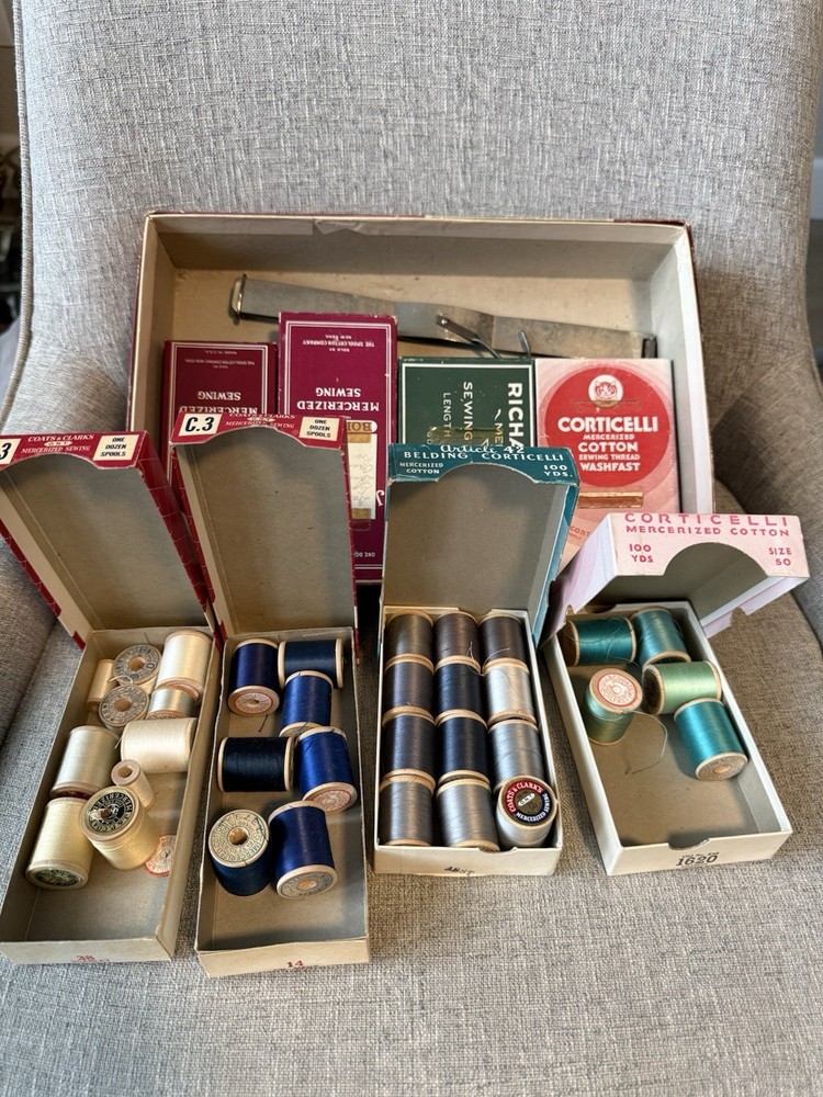 Vintage Sewing Supplies Lot Thread Spools Boxes Artemis Underthings Display Box