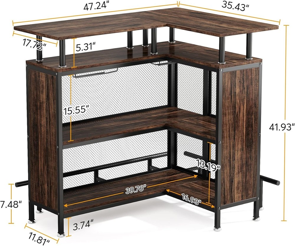 Rustic Home Bar Unit, L-Shaped Bar Table with Stemware Racks and 2-Tier Shelves