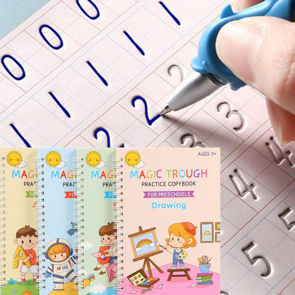4 Pc Magic Grooved Practice Copybook,Reusable Small-(5.1in×7.3in)