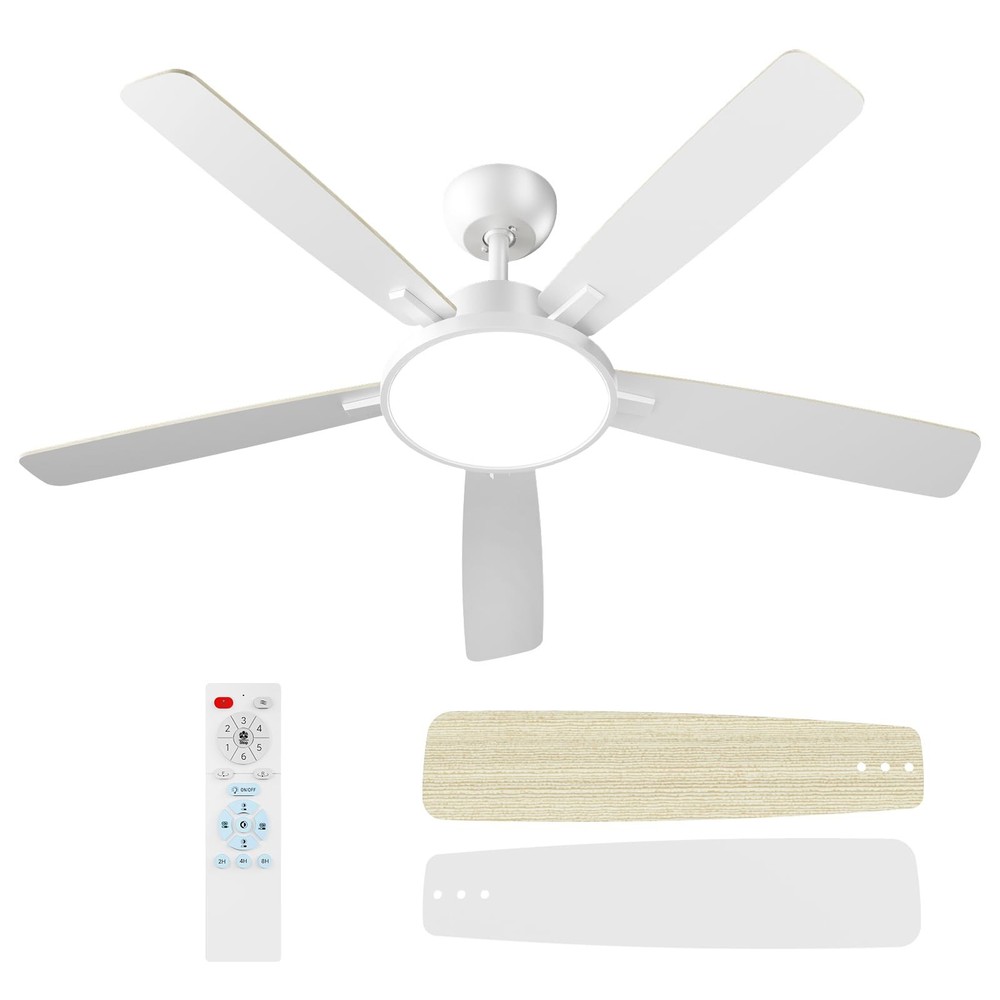 52 Inch White Ceiling Fans with Lights Led Remote Control Flush Mount Low Pro...