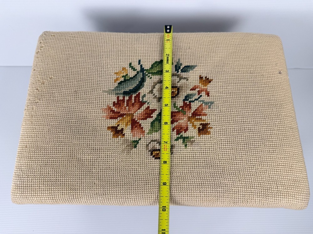 VINTAGE FLORAL NEEDLEPOINT FOOTSTOOL 16” x 10”