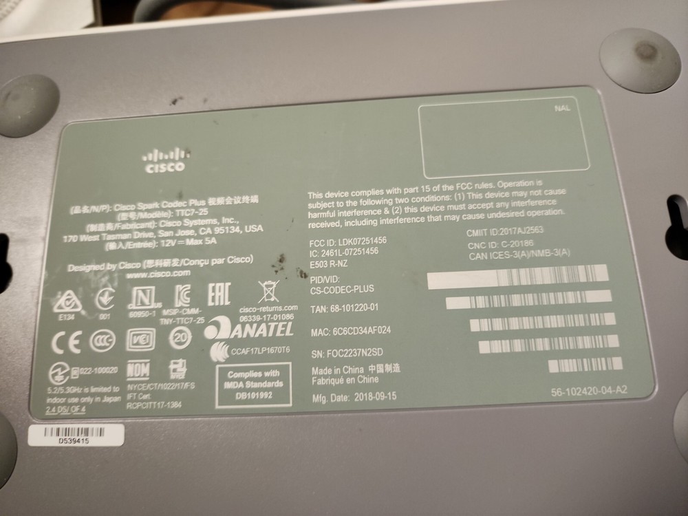 Cisco CS-CODEC-PLUS TTC7-25 VideoConference Webex Room Codec CS-KITPLUS-K9