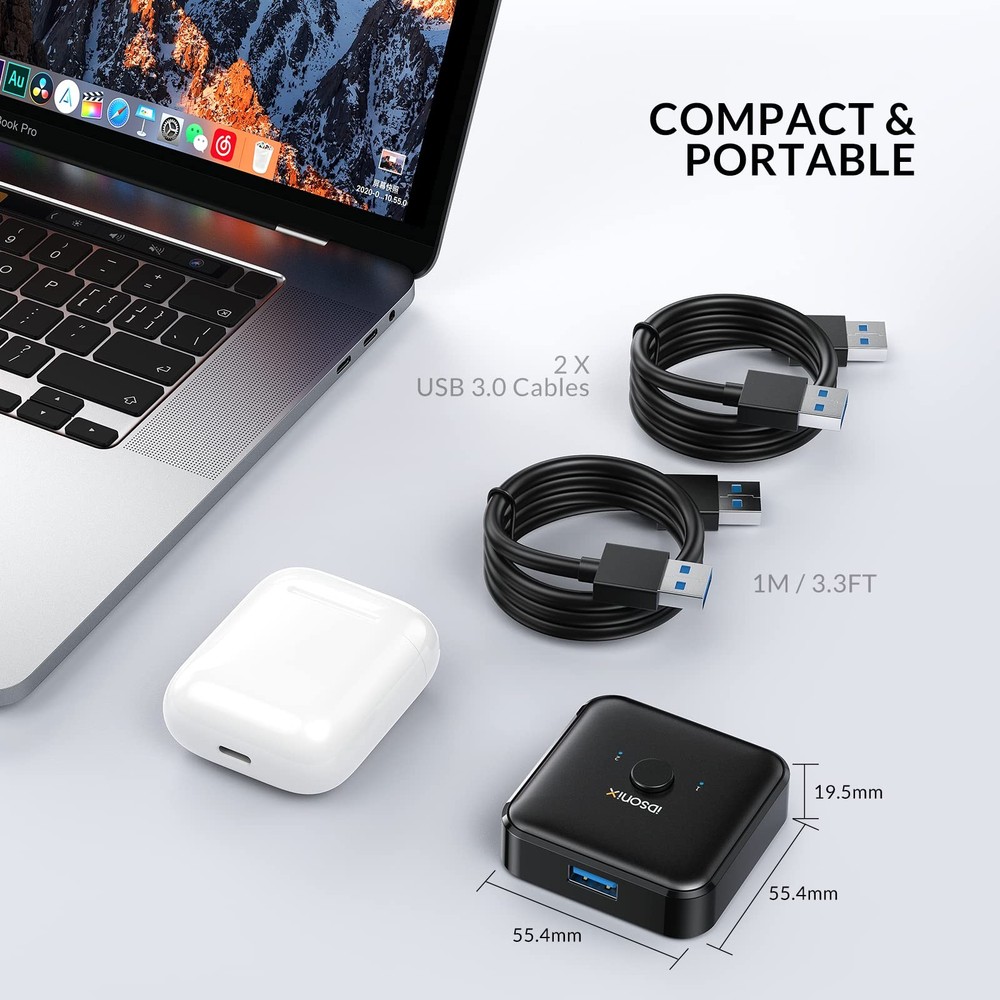 USB 3.0 Switch: 2 PCs Share 1 Device, Printer/Scanner/Keyboard, 2 A to A Cables