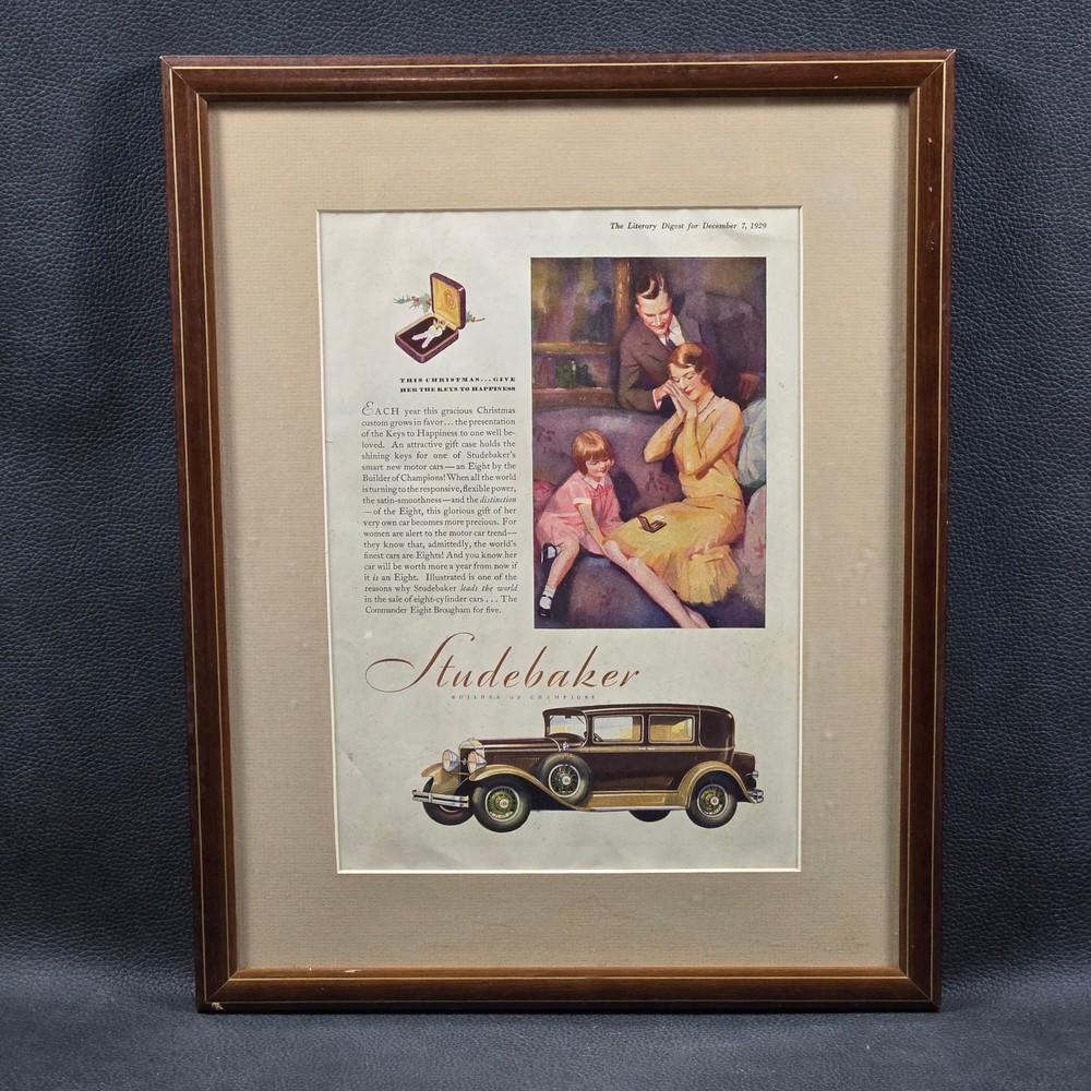 Vintage 1929 Christmas Studebaker Commander Eight Car Advertisement, Framed