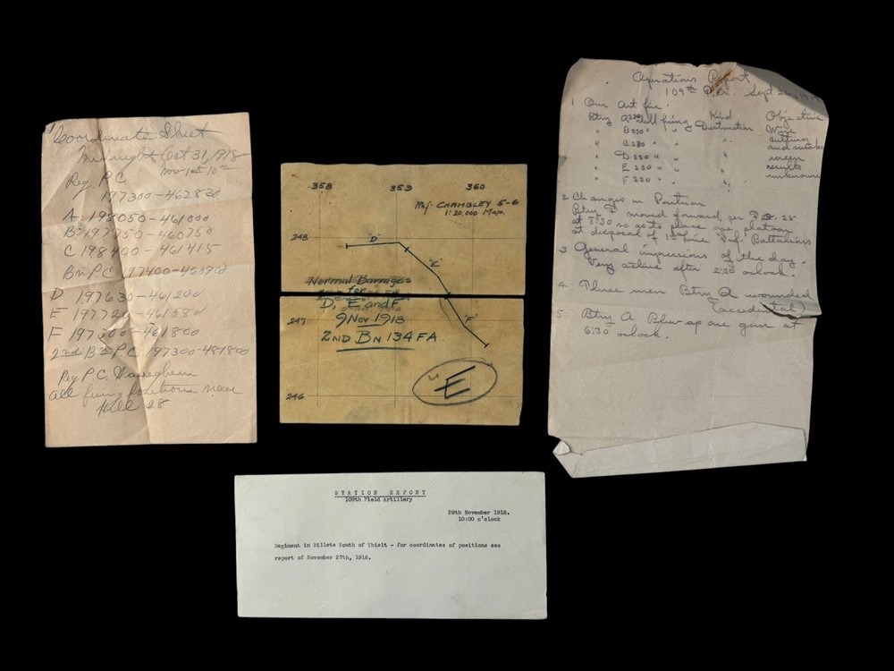 Rare WWI 134th Field Artillery Special Grouping Combat Overlay Map & Documents