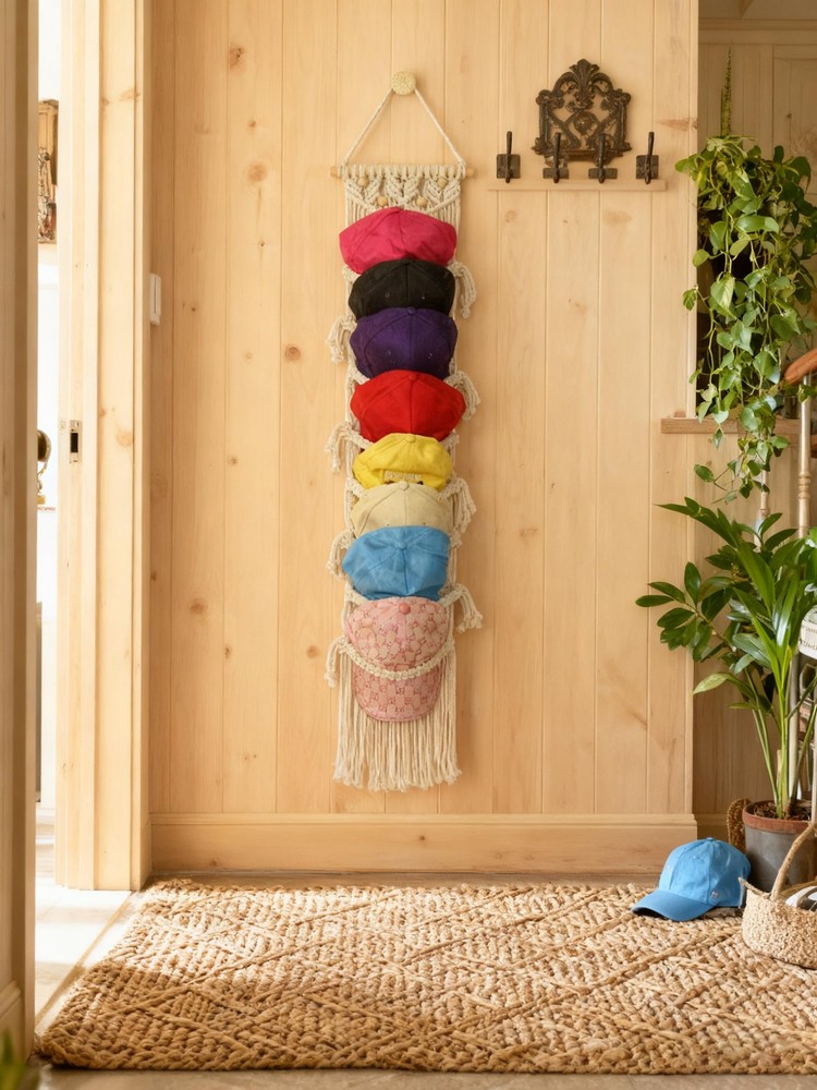 8-Tier Macrame Baseball Cap Organizer With Boho Hooks—Handwoven Boho Cap Hold...