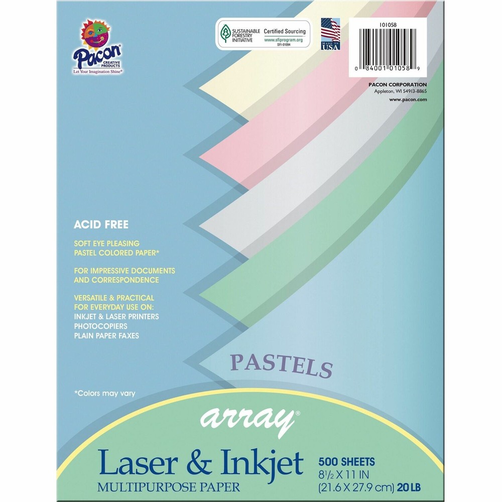 Pacon PAC101058 Array Bond Paper 8.5x11 20lb Assorted Pastels 500 Sheets