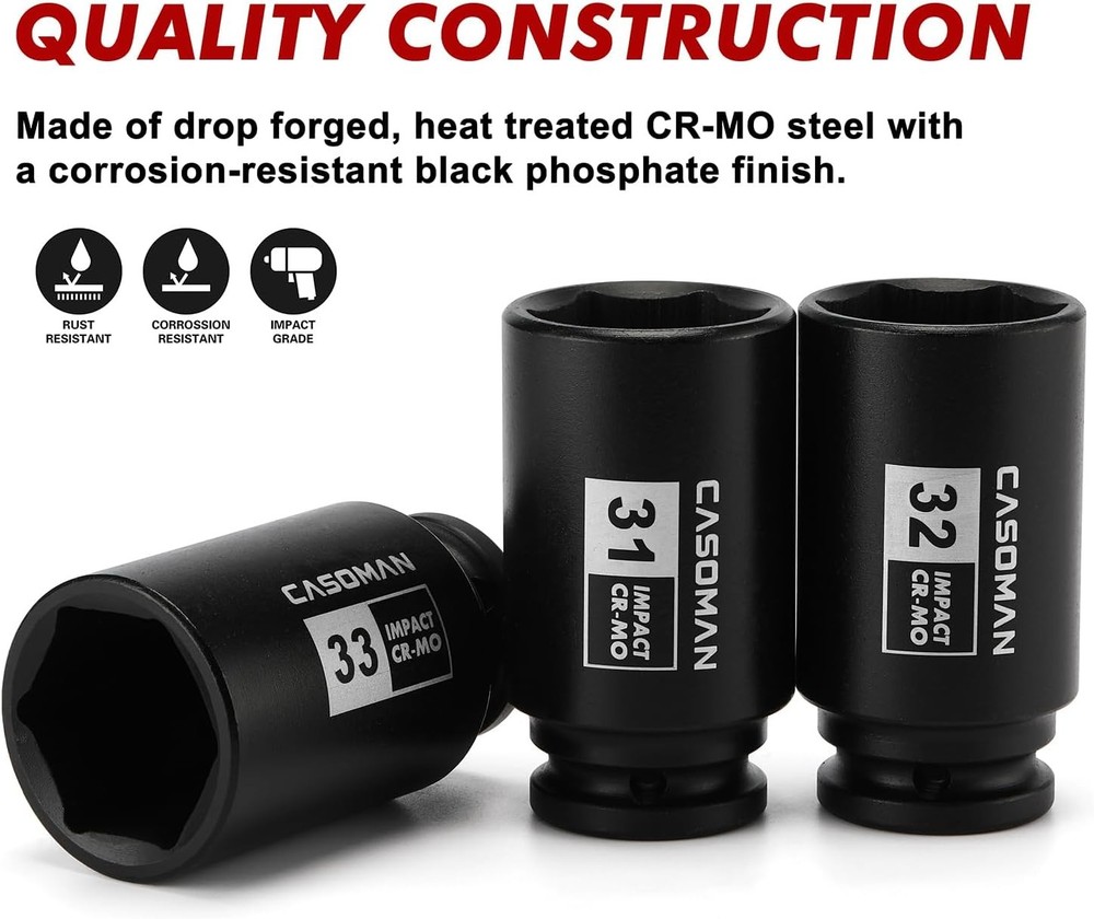 large socket set 1/2- Inch Drive Deep Spindle Axle Nut Impact Socket Set 6 Point