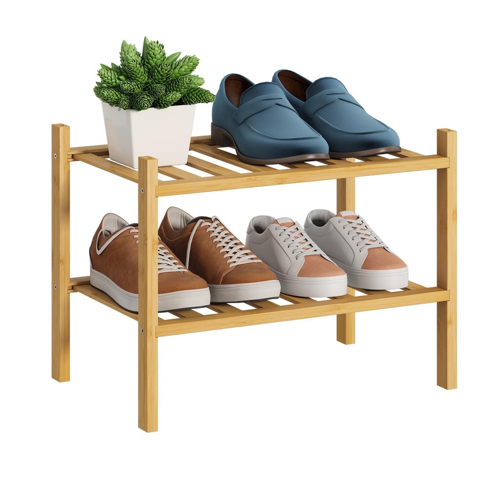 2-Tier Bamboo Small Shoe Rack Premium Stackable Shoe Shelf Storage Organizer ...