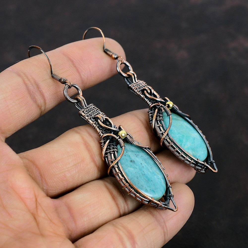 Amazonite Jewelry Copper Mother Gift Wire Wrapped Drop/Dangle Earrings 3.35"