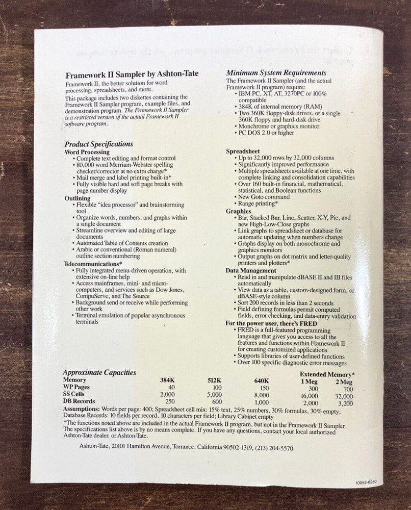 Vintage Ashton-Tate Framework II 2-Disk Sampler Software 5.25" & Booklet IBM PC