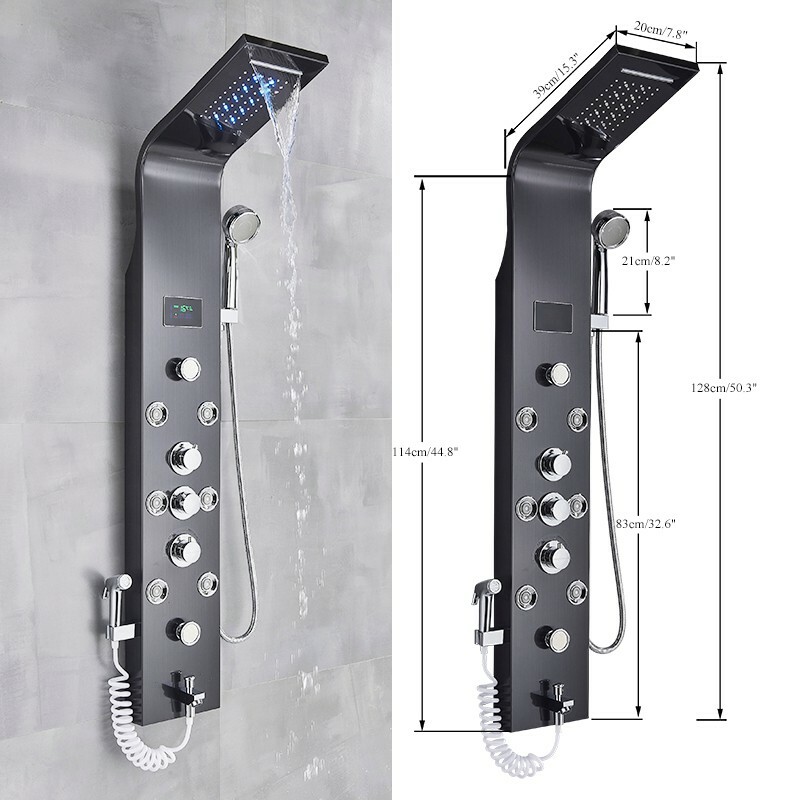Black Shower Panel Tower System LED Rain&Waterfall Shower Head w/Handheld Shower