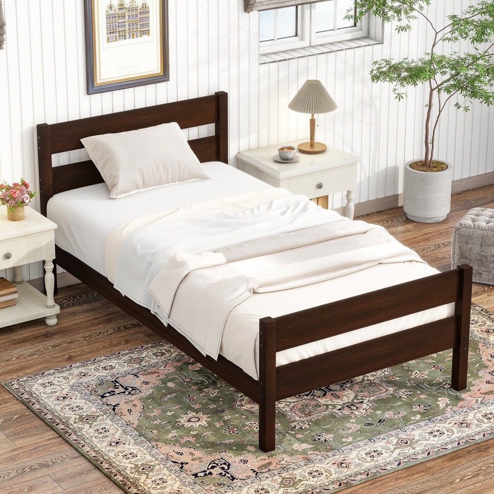 Twin Size Bed Frame Wooden Platform Bed Frame w/ Headboard White/Espresso