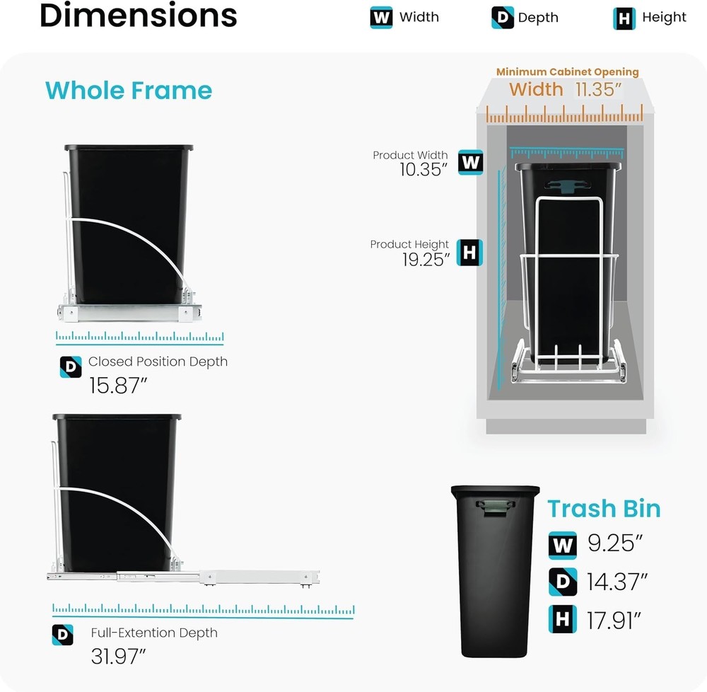 Home Zone Kitchen 29L Single Pullout Sliding Trash Can Under The Counter Bin