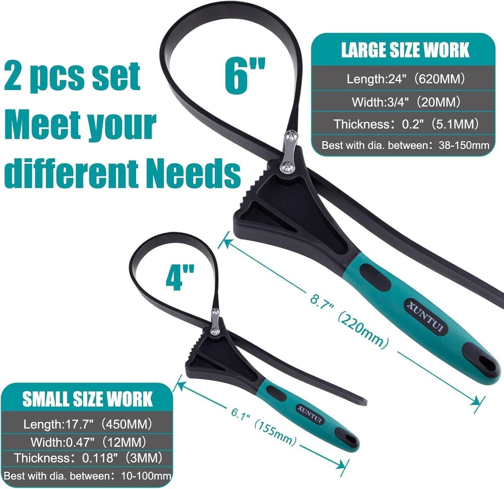 Rubber Strap Wrench Set 2pc Adjustable Anti‑Slip 4" & 6" Pipe Tool