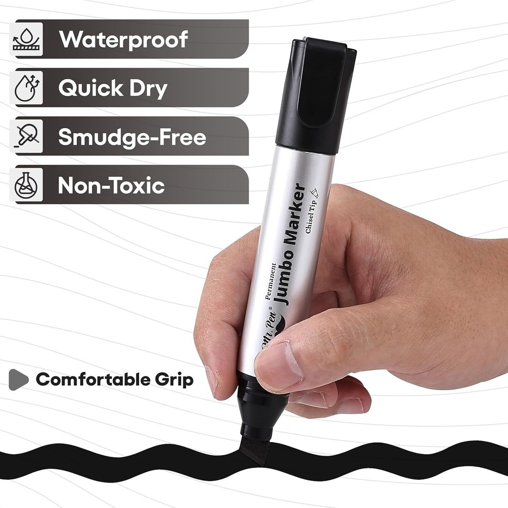 Jumbo Permanent Markers 4 Pack Chisel Tip Black - Thick Wide Tip Large Size