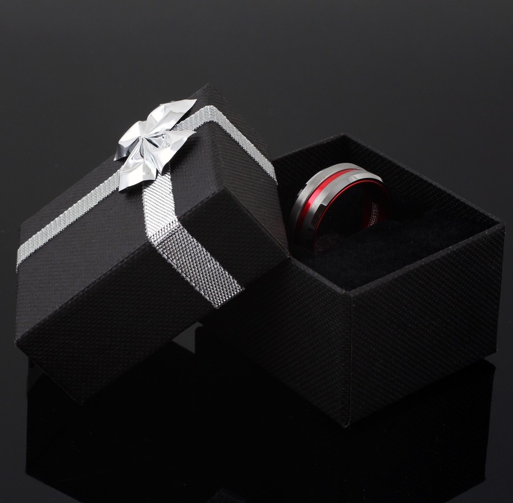 Tungsten Brushed Silver Thin Red Line Band Ring Firefighter First Responder