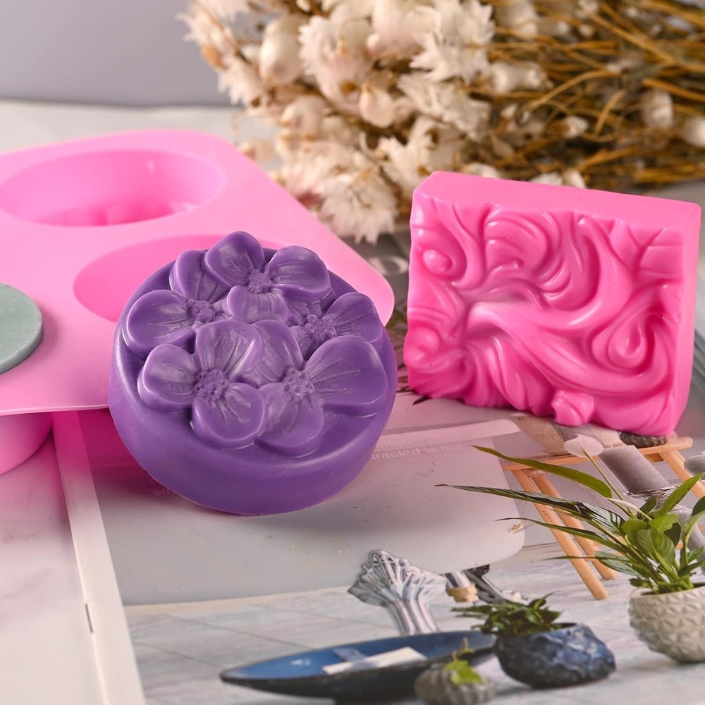 2 Pack Silicone Soap Molds, 4 Cavities Rectangle Wave and Round Flower Silico...