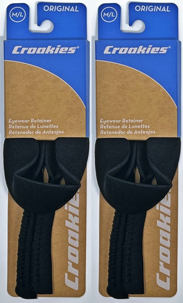 Croakies Original Solid Eyewear Retainer, M/L 11-17mm - Black (2-Pack)
