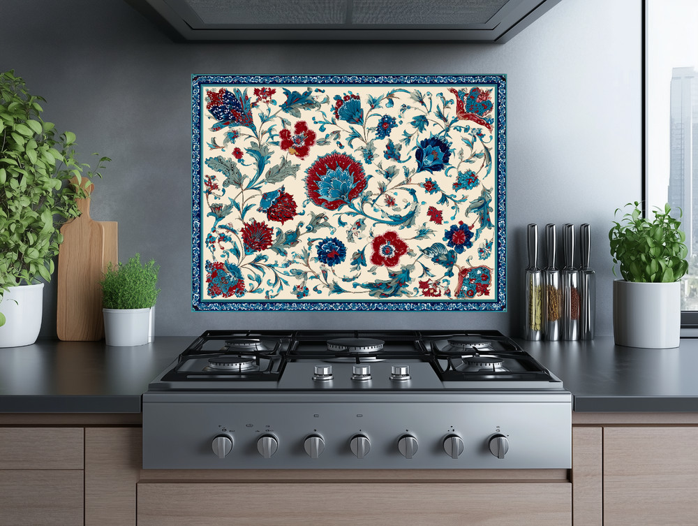 Ottoman Inspired Turkish Glass Backsplash Tile, Decorative Kitchen Splashback
