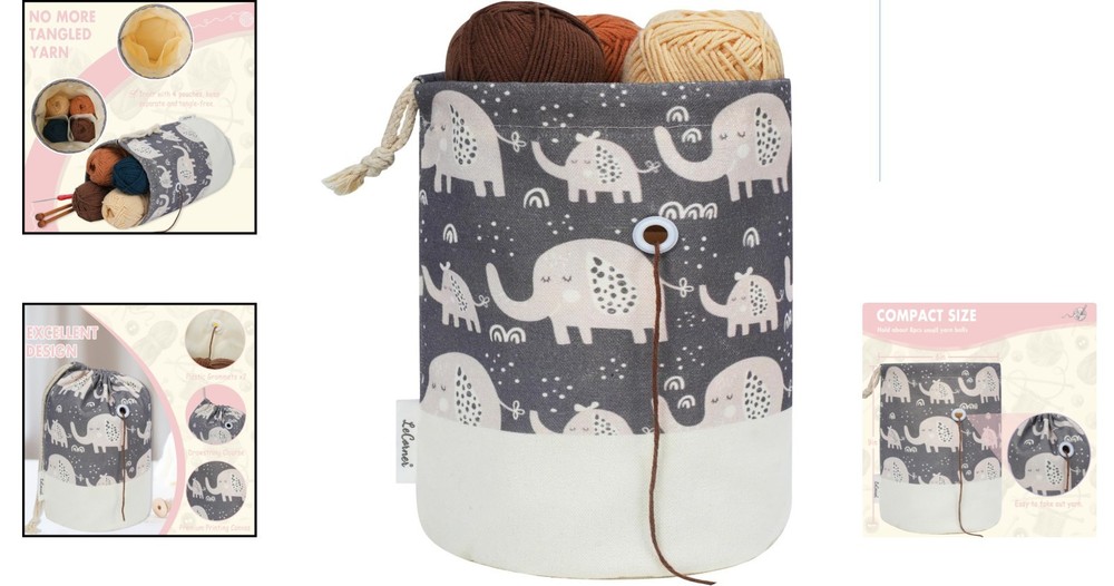 Portable Small Crochet Bag Organizer with Drawstring - Adorable Elephant Design