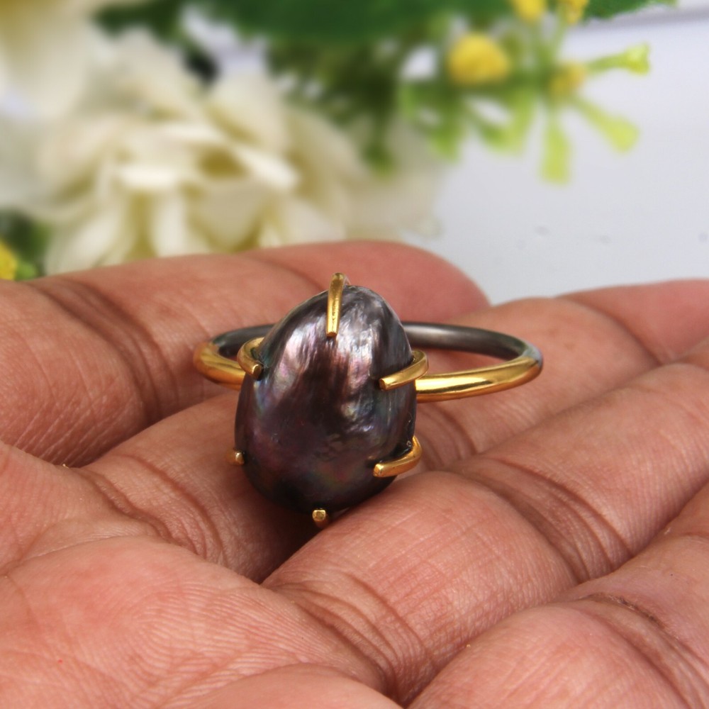 Peacock Black Pearl Engagement Ring 925 Sterling Silver Two Tone Stack Ring