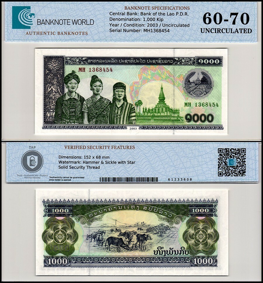 Laos 1000 Kip, 2003, P-32Ab, UNC, Authenticated Banknote