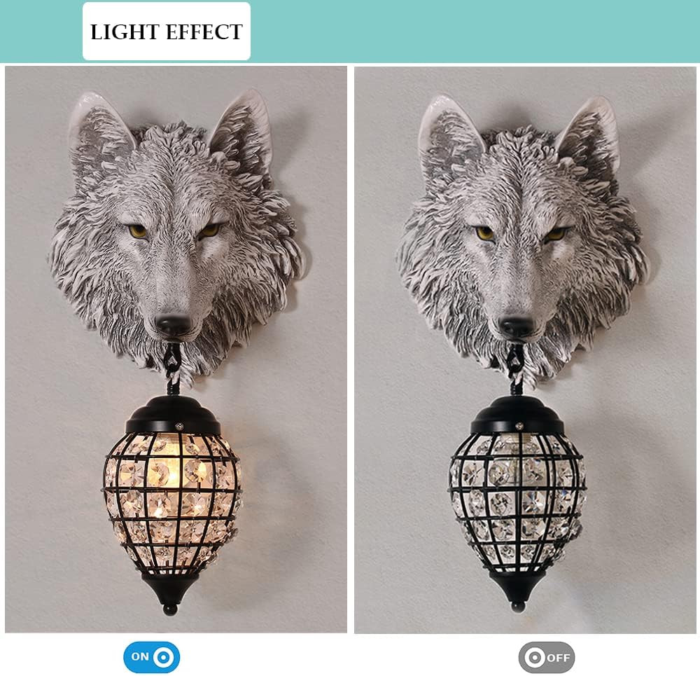 Rustic Wolf Wall Sconce with Crystal Shade - Farmhouse Decorative Light