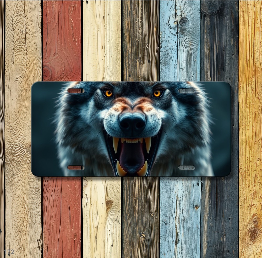 Aggressive Wolf License Plate Fierce Expression Optional Text Front Plate Unique