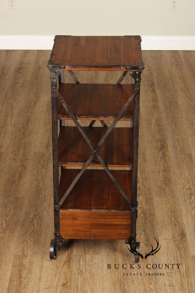 Industrial Rustic Pine And Iron Rolling Shelf With Drawer