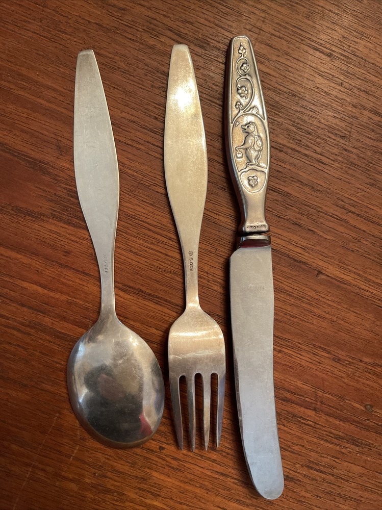 Vintage Norwegian OTTAR HVAL Children's Flatware Silver Set 830s Bear Rustfi