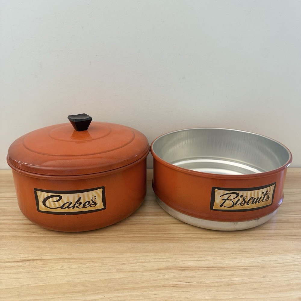Vintage Retro Aluminium Cake Biscuit Tin Canister Stackable Orange