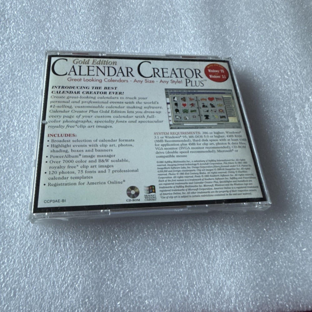 Microsoft Windows Gold Edition Calendar Creator Plus CD ROM Vintage 1995 Used