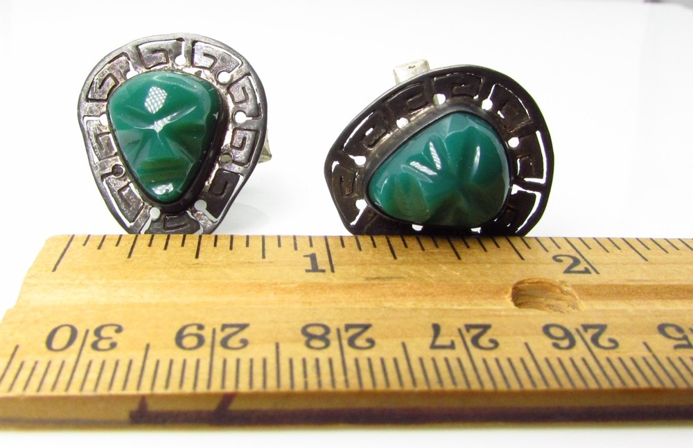 Sterling Front Cufflinks with Green Onyx Aztec Mask