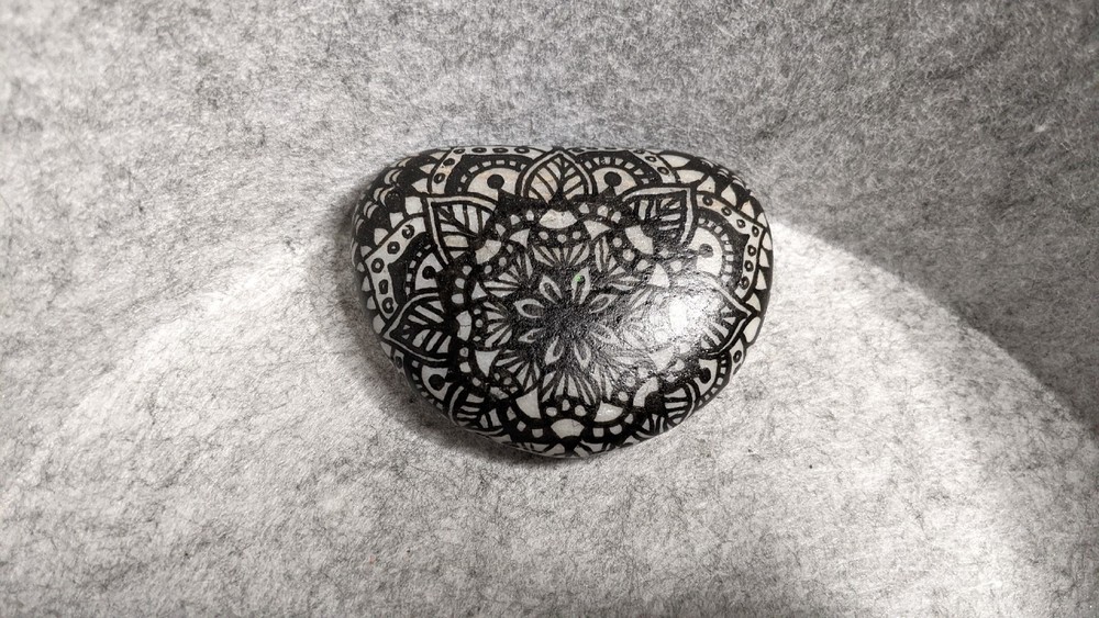 Hand Painted Rock / Stone - mandala black line design