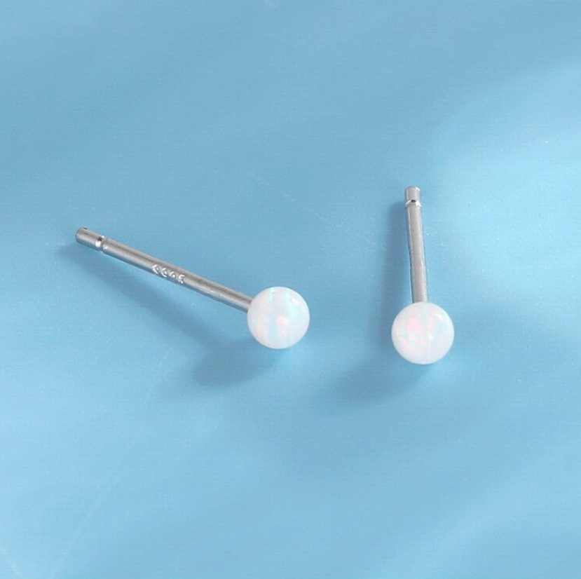 S925 Sterling Silver Tiny Round White Opal Solitaire Stud Post Earrings 3mm A36